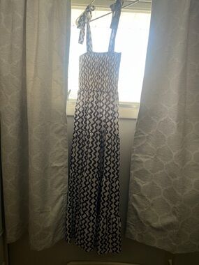 White and Navy Wave-Print Maxi Dress with Tie Straps